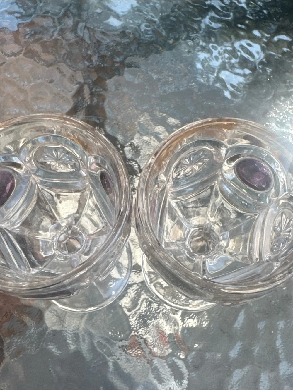 Vintage Clear Hobnail Goblets with Purple Jewel Centers 4.5x2.5 inches